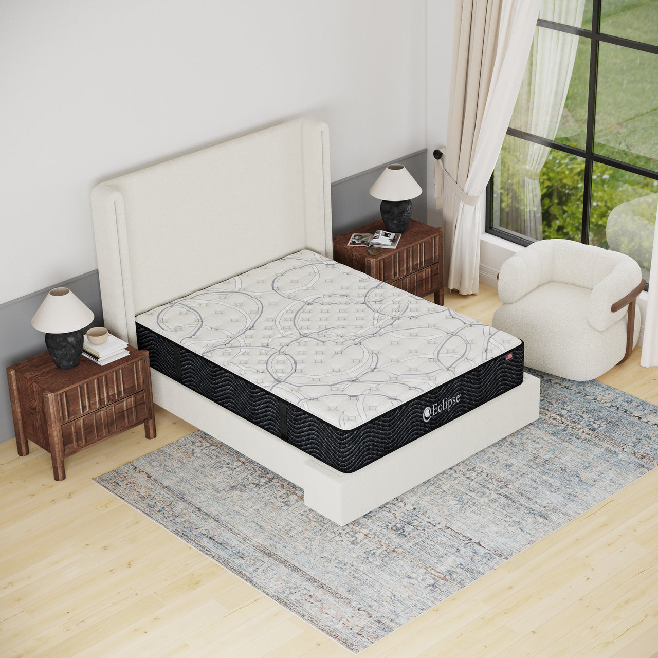 Shadow Medium Mattress by Eclipse in bedroom | Innerspring design with breathable cover and lumbar zone support