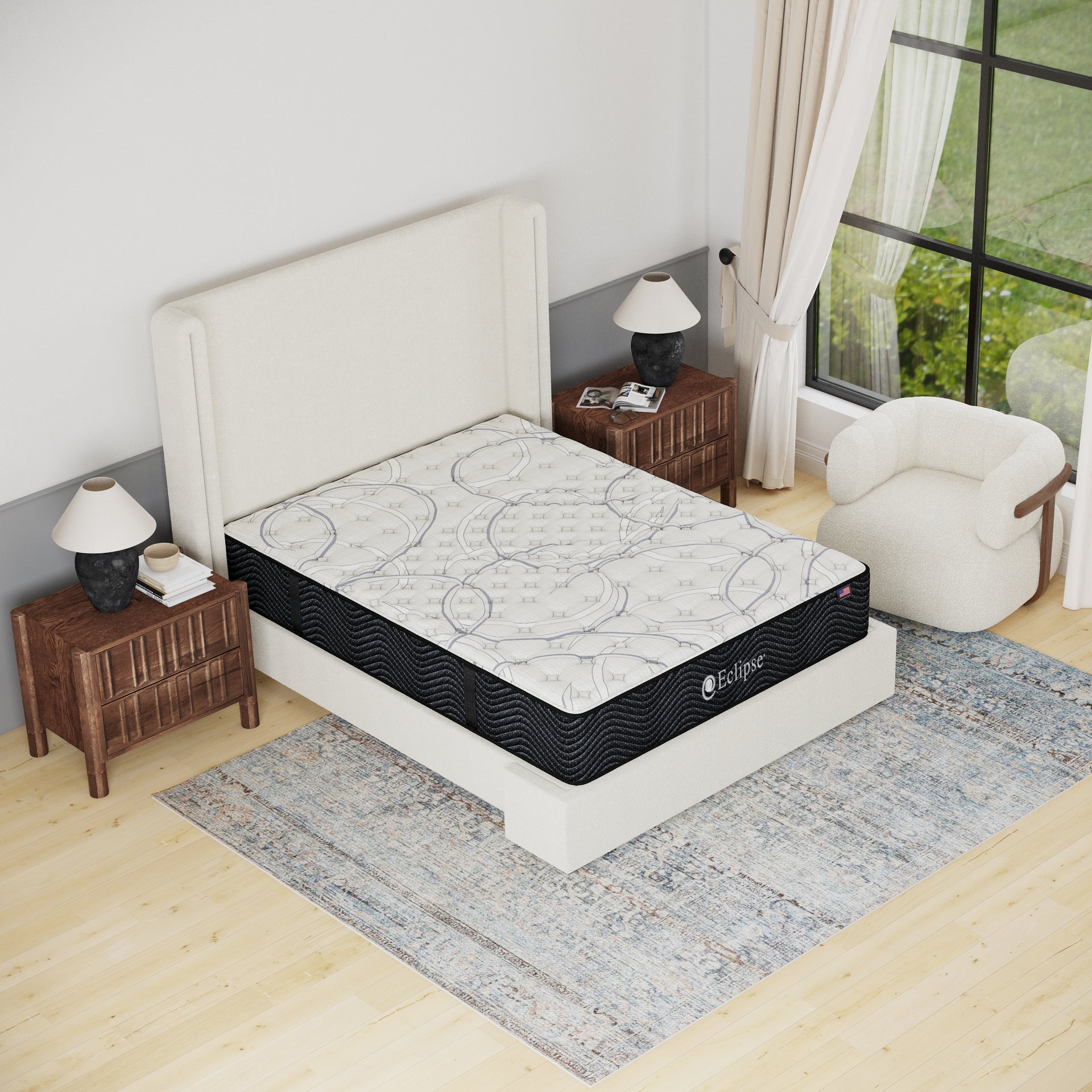 Shadow Medium Mattress by Eclipse in bedroom | Innerspring design with breathable cover and lumbar zone support