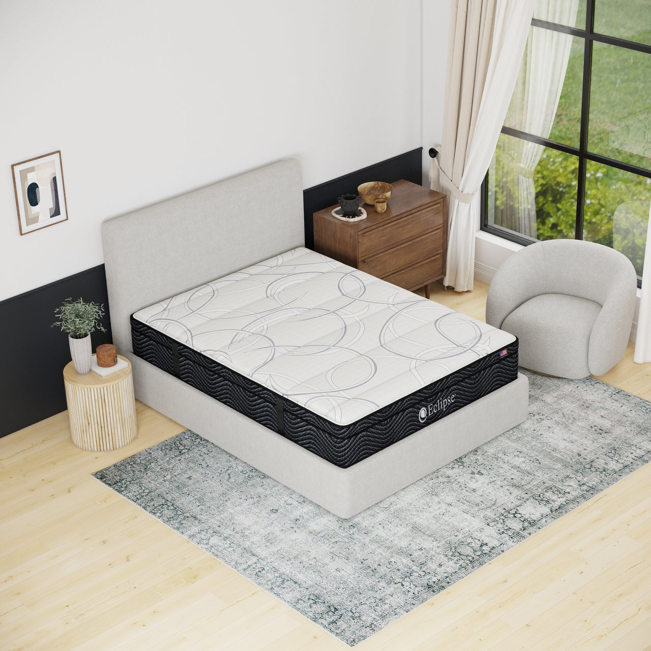 Shadow Euro Top Mattress by Eclipse in bedroom | Innerspring design with breathable cover and lumbar zone support