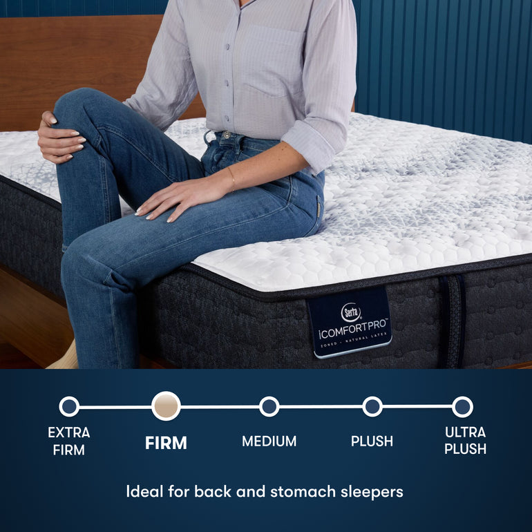 Man sitting on edge of firm iComfortPro Ambrose Firm Serta mattress | Ideal for back and stomach sleepers with firm support