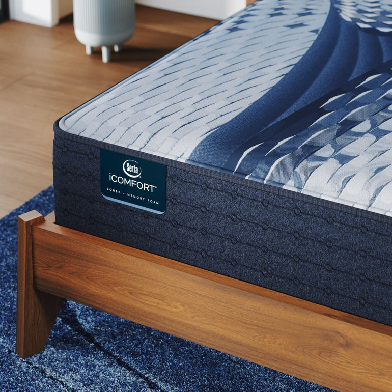 Close-up of iComfort Aveda Plush Memory Foam Serta mattress corner | Smooth fabric cover and detailed stitching