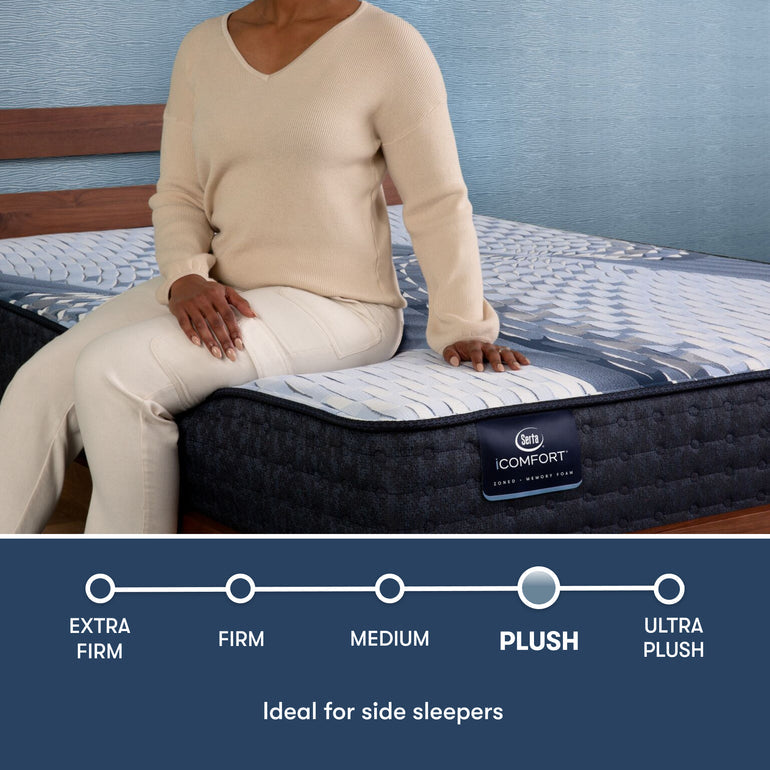 Woman sitting on edge of iComfort Aveda Foam Plush Serta mattress | Ideal for side sleepers with plush firmness
