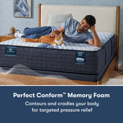 Full view of iComfort Aveda Plush Memory Foam Serta mattress | Comfort and pressure relief with man and cat