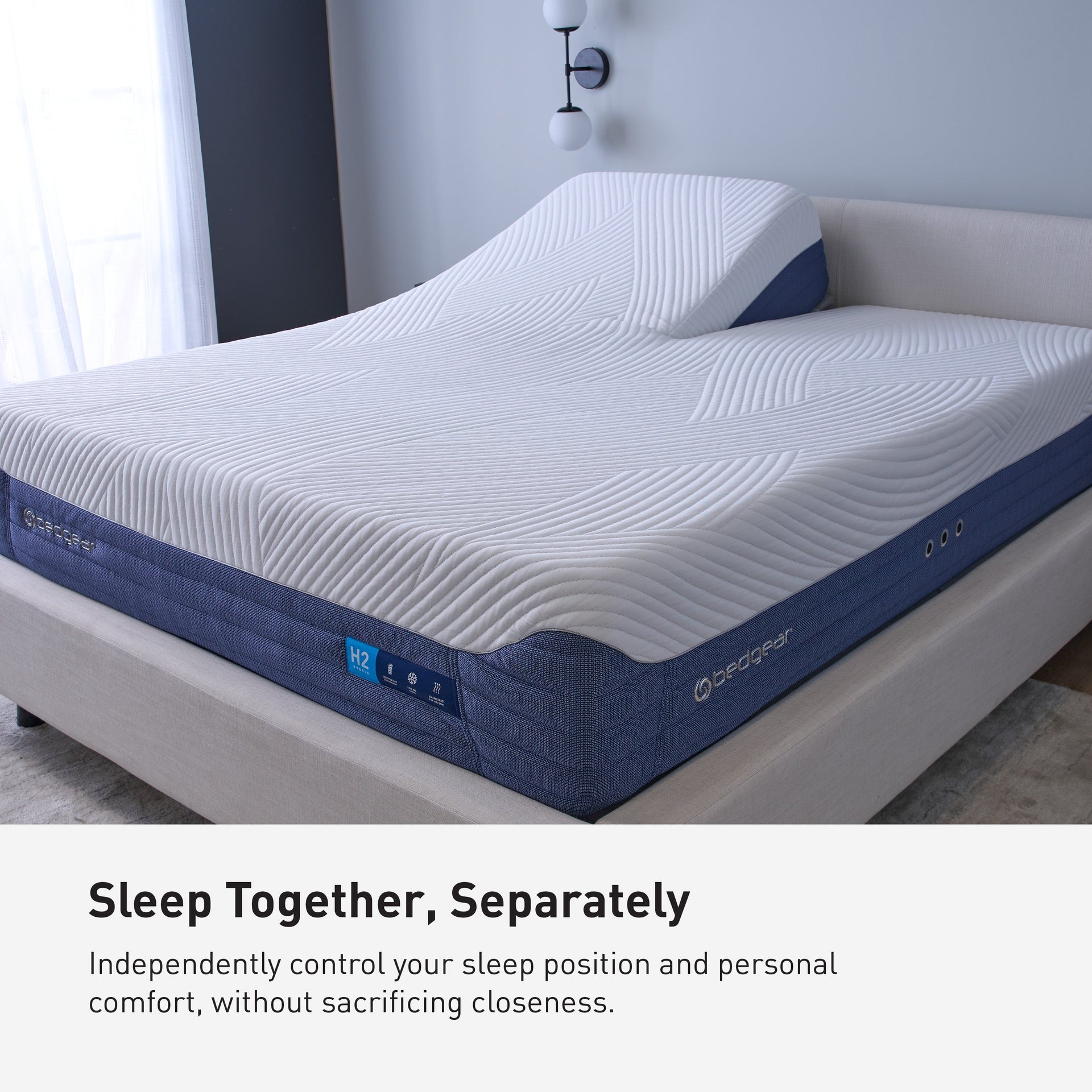 BEDGEAR H2 split-head mattress shown on an adjustable base