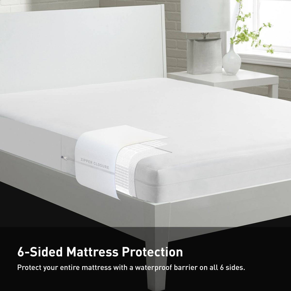 A mattress protector with a zipper closure on a mattress bed frame. 