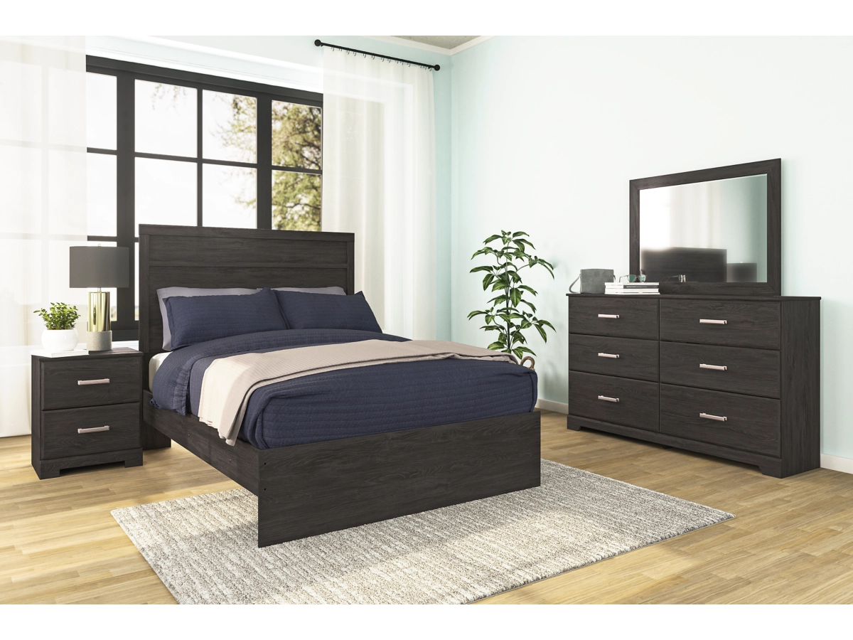 Belachime Panel Bed with Mirrored Dresser and Nightstand