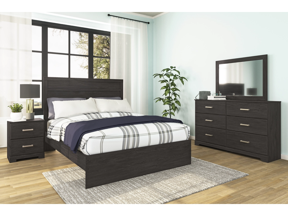 Belachime Panel Bed with Mirrored Dresser and Nightstand
