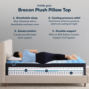Woman side-lying on Classic Brecon Plush Pillow Top Serta mattress | Breathable sleep, cooling pressure relief, lower back support, and durable support coil system