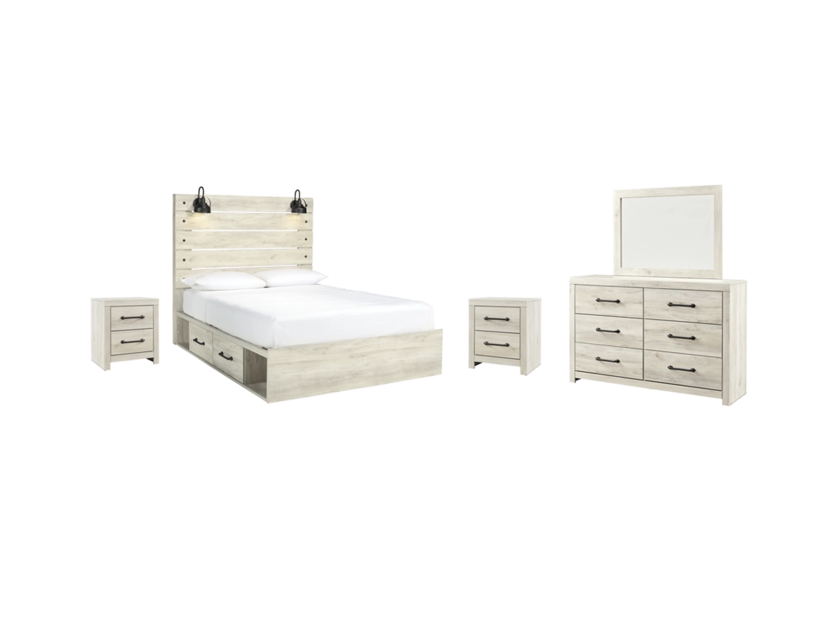 Cambeck Queen Panel Bed with 2 Storage Drawers with Mirrored Dresser and 2 Nightstands