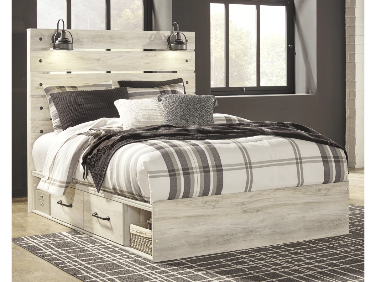 Cambeck Queen Panel Bed with 2 Storage Drawers with Mirrored Dresser and 2 Nightstands