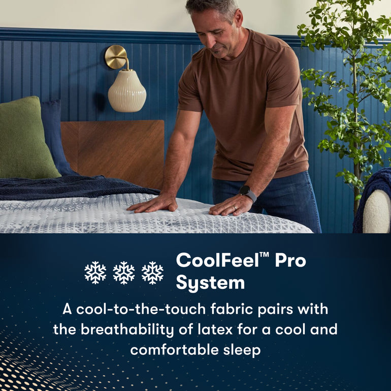 Man touching fabric of iComfortPro Chelsea Medium Serta mattress | Designed for cool and comfortable sleep