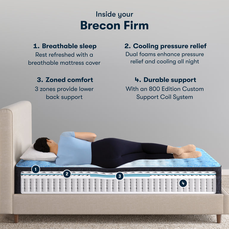 Woman side-lying on Classic Brecon Firm Serta mattress | Breathable sleep, cooling pressure relief, lower back support, durable support coils