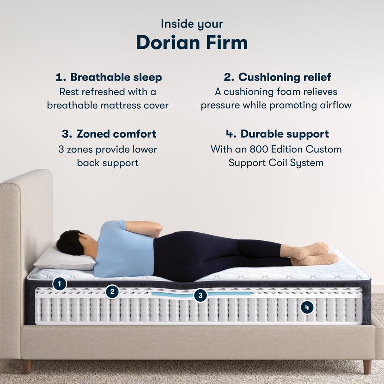 Woman side-lying on Classic Dorian Firm Serta mattress | Breathable sleep, cushioning relief, lower back support, durable support coils