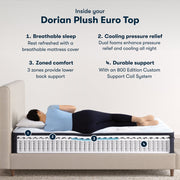 Woman side-lying on Classic Dorian Plush Euro Top Serta mattress | Breathable sleep, cooling pressure relief, lower back support, durable support coils