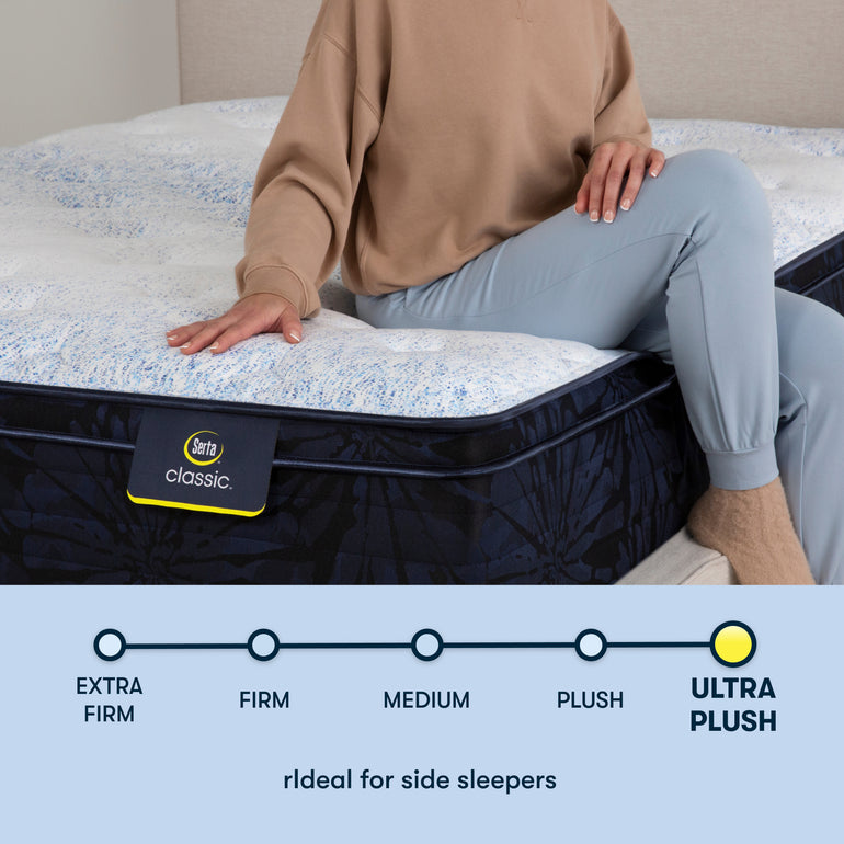 Person sitting on edge of Classic Dorian Plush Euro Top Serta mattress | Ideal for side sleepers with ultra-plush firmness