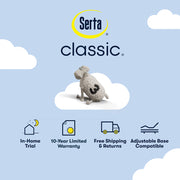 Serta Classic logo | In-home trial, 10-year warranty, free shipping, and adjustable base compatibility