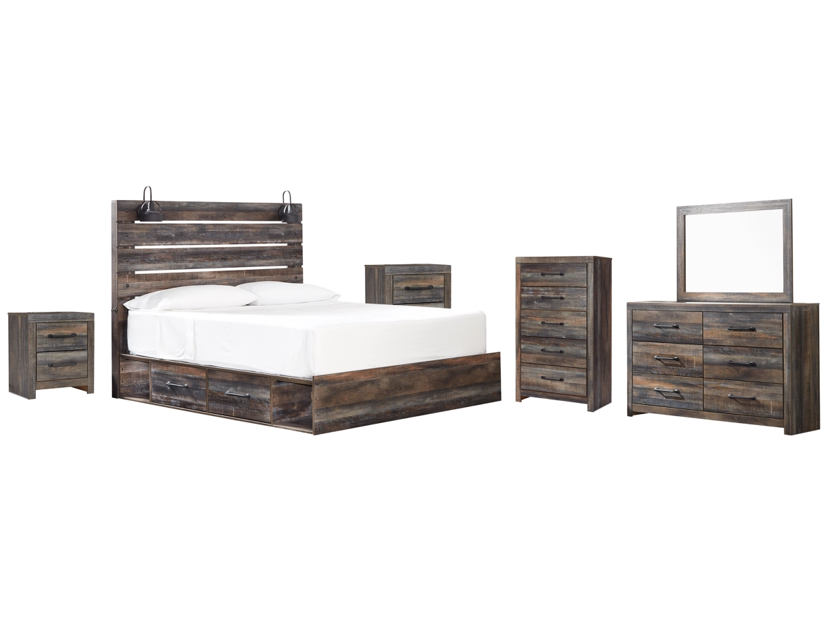 Drystan Panel Bed with 4 Storage Drawers with Mirrored Dresser, Chest and 2 Nightstands