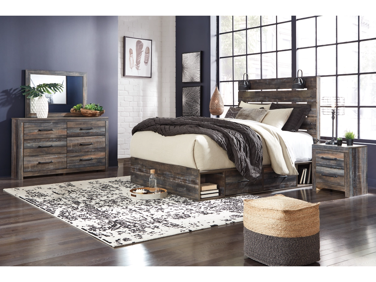 Modern bedroom with wooden furniture, including a bed, dresser, and nightstands.