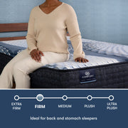 Woman sitting on iComfort Elana Firm Mattress by Serta | Firm support for back and stomach sleepers
