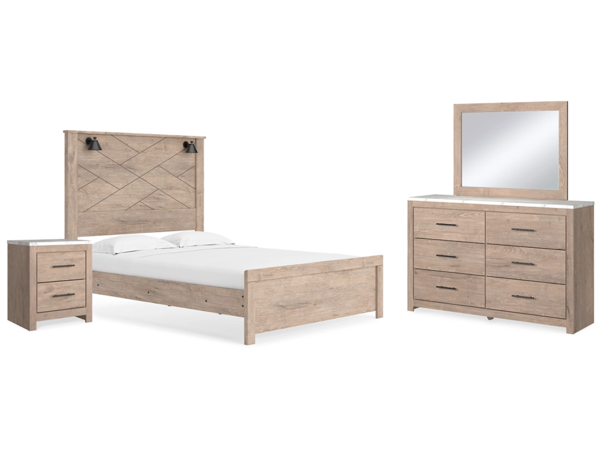 Senniberg Panel Bed with Mirrored Dresser and Nightstand