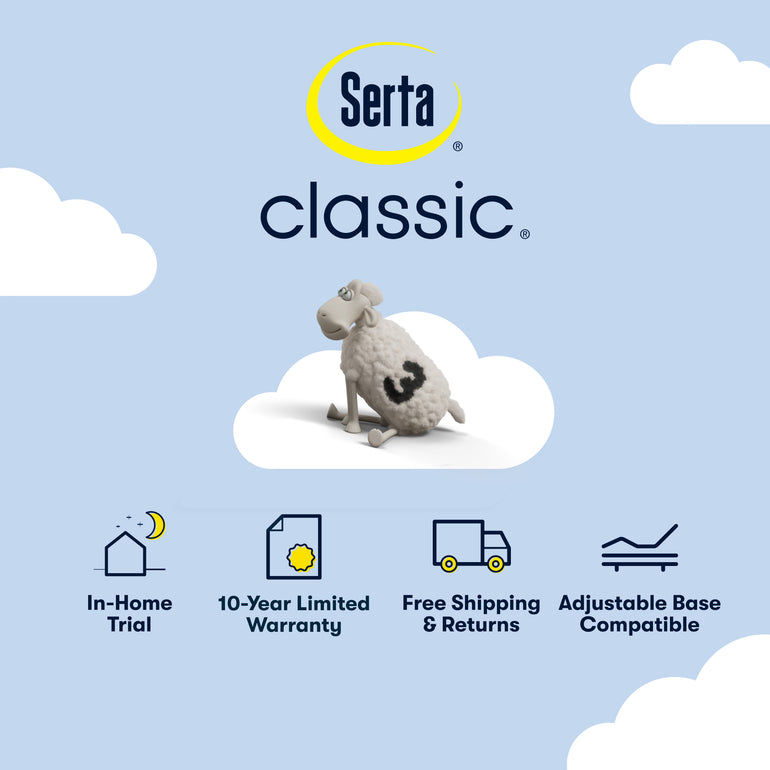  Serta classic logo alongside product policies and benefits, including an in-home trial, 10-year limited warranty, free shipping and returns, and adjustable base compatibility.