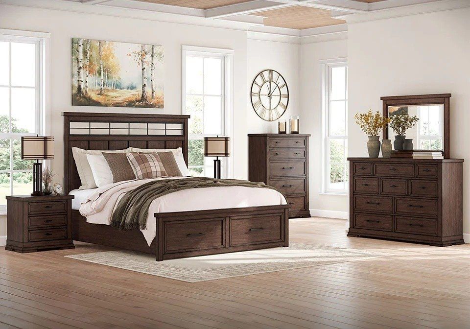 Taffenbrook Bedroom Set - Headboard, Storage Footboard, Rails, Dresser, Mirror & Nightstand