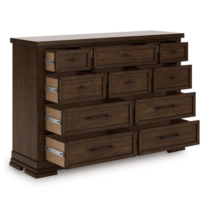 Taffenbrook Bedroom Set - Headboard, Storage Footboard, Rails, Dresser, Mirror & Nightstand