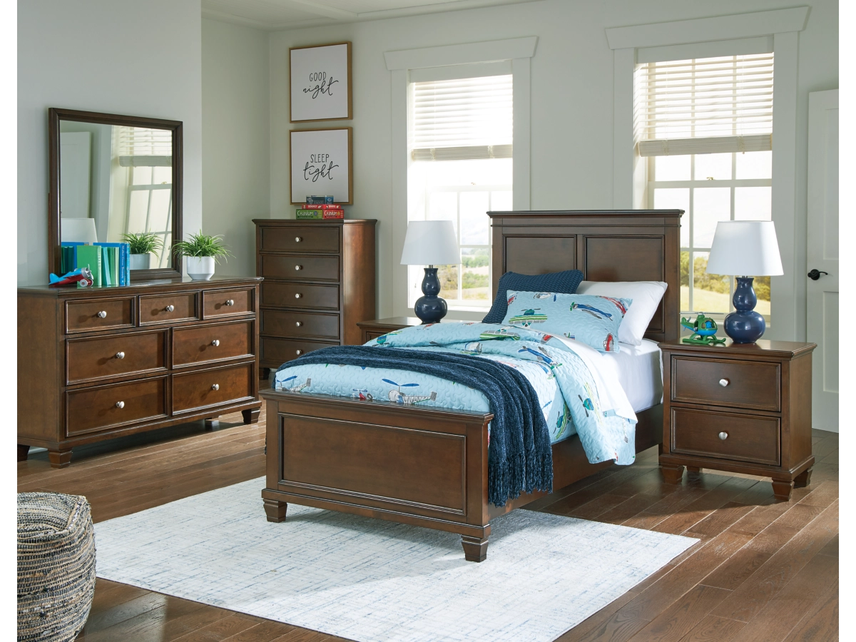Danabrin Panel Bed with Mirrored Dresser, Chest and 2 Nightstands