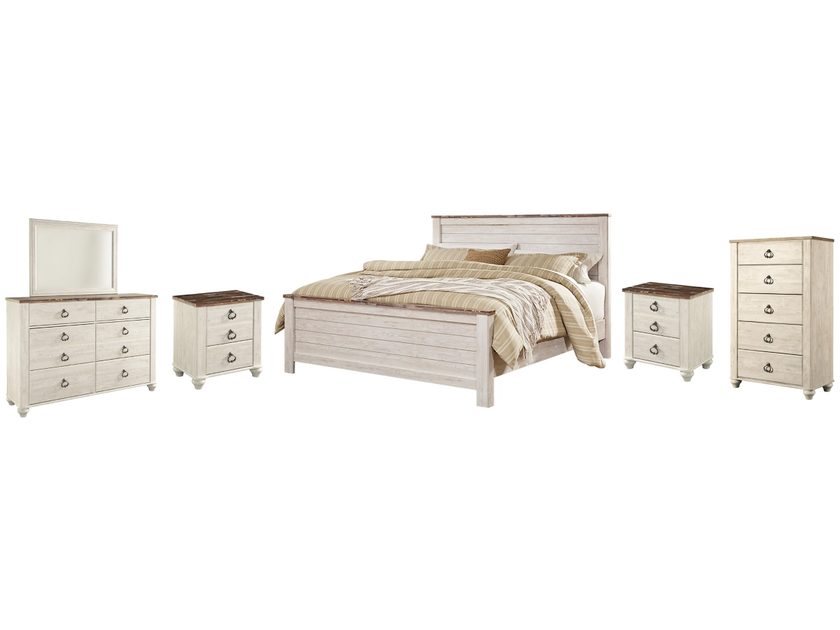 Willowton Panel Bed with Mirrored Dresser, Chest and 2 Nightstands